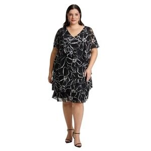 NWT Laura Plus Women's Black White Floral Tiered Chiffon Dress 18